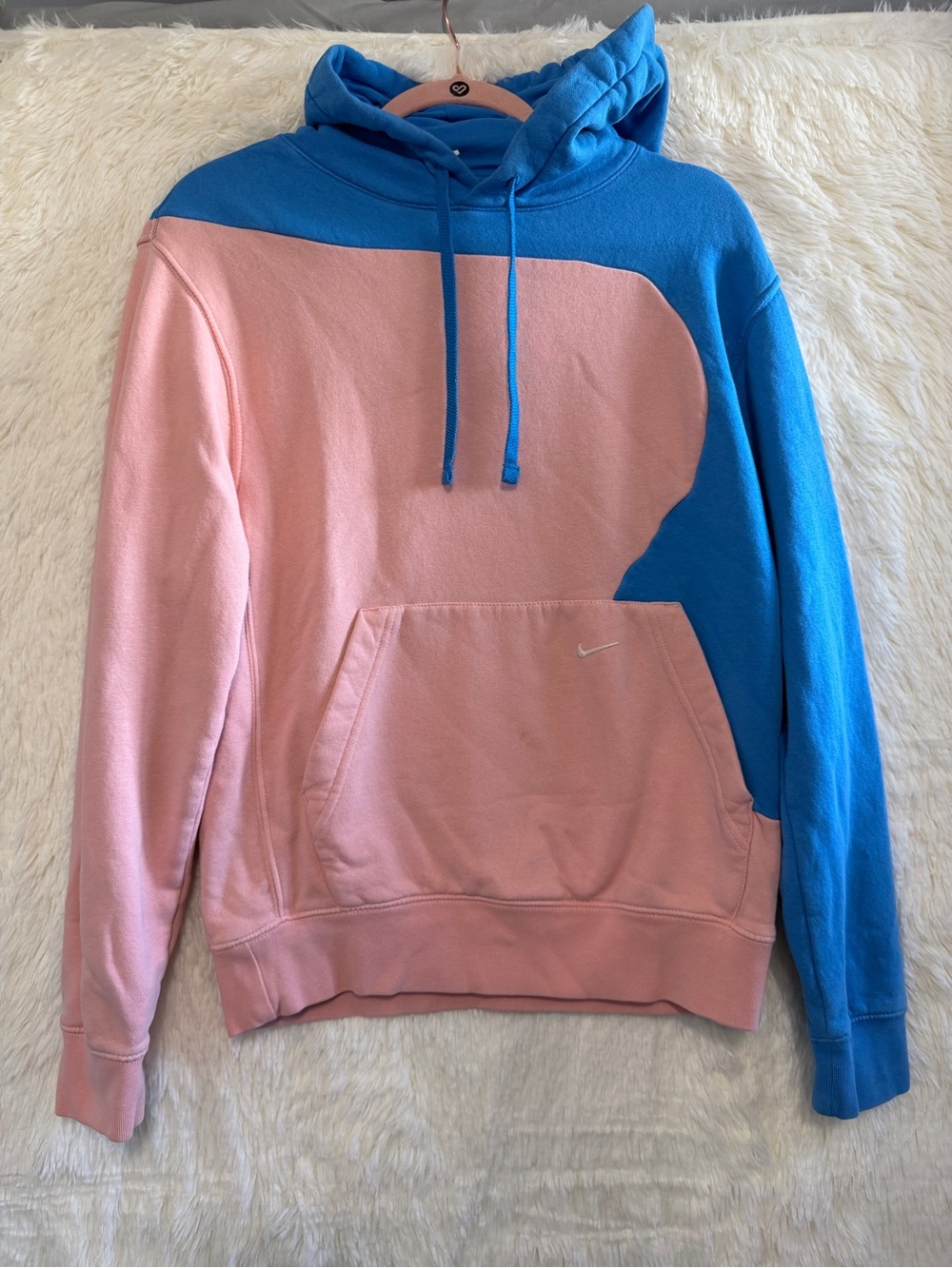 Nike Mens Colorblock Pullover Hoodie Size S Pink Blue Swoosh Logo Sporty READ
